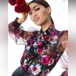 Alice & Olivia Brentley Floral Tie Neck Blouse NWOT